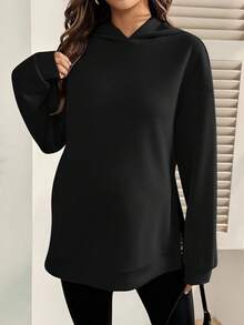 SHEIN Casual Loose Solid Color Long Sleeve Hooded Maternity Sweatshirt Black Sweatshirt Women Long Sleeve Black Top Oversized Tops Oversized Sweatshirt Woman Maternity Clothes Fall Winter - Black - View 3