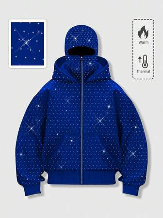 Street Life Sudadera con capucha con bolsillos y cremallera delantera, con adornos de strass de moda para hombres