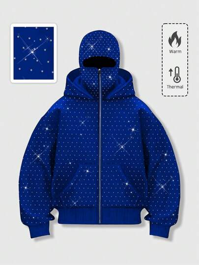 Street Life Felpa con cappuccio alla moda decorata con strass, con tasche e zip frontale, felpa con cappuccio per uomo