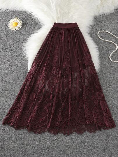 SHEIN LUNE Plus Size Women Casual Lace Music Festival Party Summer Outgoing Vintage Daily Basic Skirt & Shorts 2-Piece Set