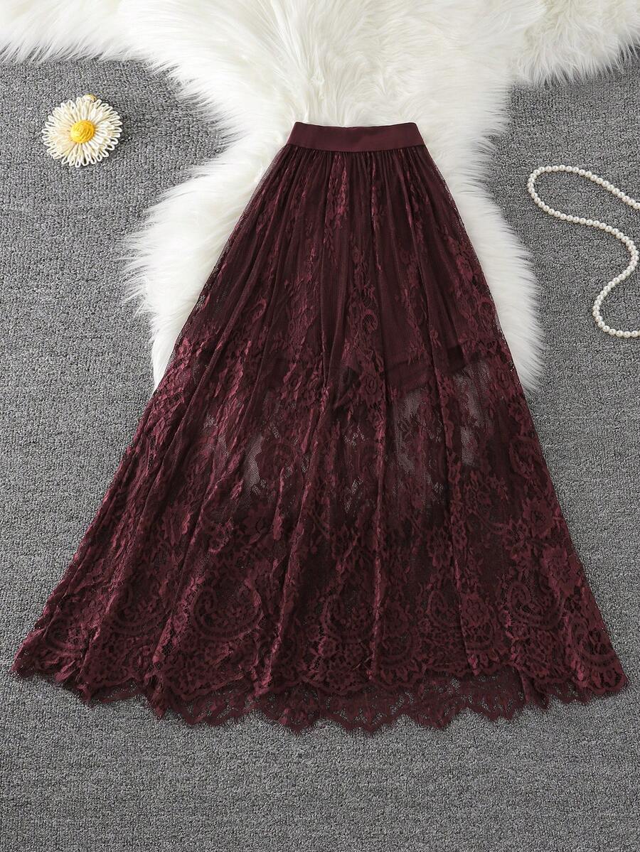 SHEIN LUNE 大码女式休闲蕾丝音乐节派对夏季外出复古日常基础款半身裙短裤两件套 - 酒紅色 - 查看 1