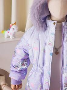 女童冬季羽绒服，加厚保暖内衬，彩色毛领连帽拉链外套，修身腰身，大口袋，儿童冬季羽绒服 - 淡紫色 - 查看 5
