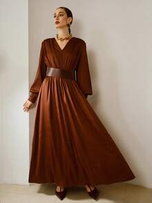 ZEYLAH Autumn/Winter Wide Waistband Slimming Fashionable Long Dress For Women - Coffee Brown - View 8