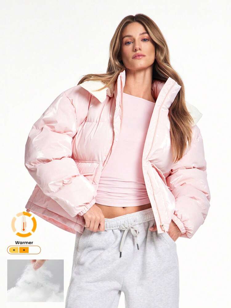 Chic In Warmth Shine Down Glossy Soft Cozy Zipper Snap Button Closure Drawstring Hem Waist Length Detachable Hood Puffer Jacket Autumn Winter Outdoors Daily Casual Wear