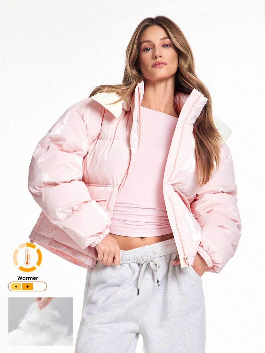 GLOWMODE Áo khoác phồng Chic In Warmth Shine Down Glossy Soft Cozy Zipper Snap Button Closure Drawning Bow Many Hood Offable Hood Jacket Autumn Winter Outdoors Daily Casual Wear - Hồng - Xem 1