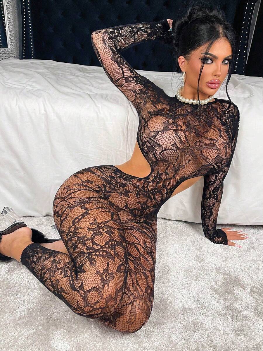 女士性感内衣连体裤，透明长袖黑色网眼，适合外出穿着 - 黑色 - 查看 1