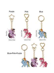 My Little Pony X SHEIN 时尚可爱甜美闪亮钥匙扣，锌合金材质，可作油滴袋吊坠，金色饰物，独角兽暮光闪闪、萍琪派和云宝黛西图案，紫色、粉色和蓝色。 - 彩色 - 查看 10