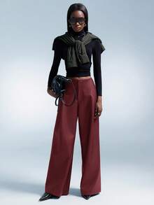 GENKIRA 女式 PU 材质，复古美式设计，腰部收紧宽松休闲百搭阔腿直筒裤 - 紅色 - 查看 3
