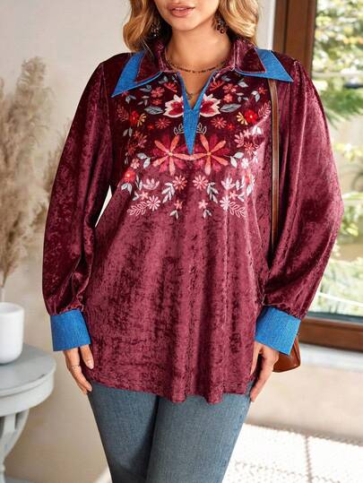 Plus Size Elegant Floral Print Blouse, Autumn Winter Cozy Fall And Winter Casual Blouse Country Style