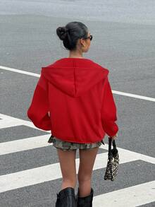 Muchica Fashionable Casual Eyelet Design Loose Open Front Thermal Lined Red Sweatshirt, Autumn/Winter Y2k - Red - View 2