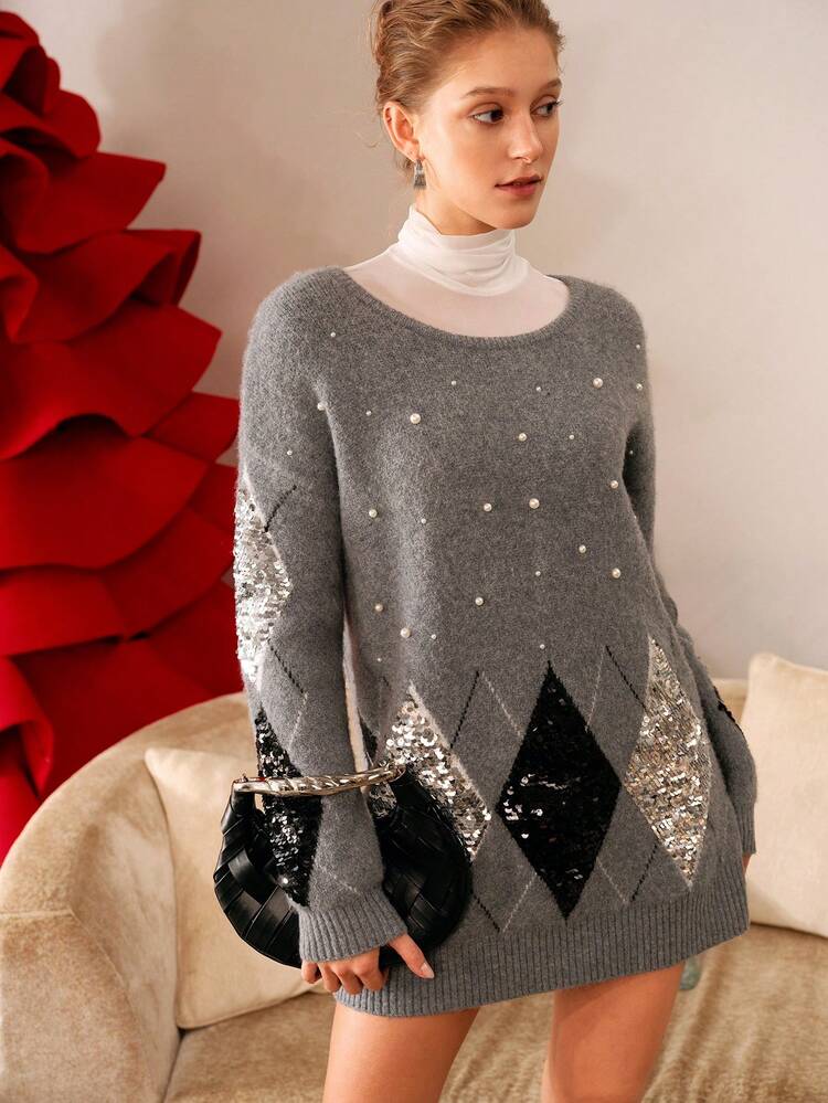CONTRAST SEQUIN FAUX PEARL DETAIL SWEATER