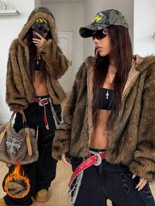 Coolane Women's & Men's Winter Streetwear Party Chic Hippie Casual Vintage Y2K Grunge Cave Fur Zip Up Warm/ Cold Weather/ Thermal Brown Oversized Hooded Fluffy Coat