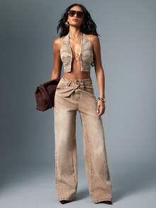 Hauture 女式牛仔卡其色性感休闲街头风格前环细节露背上衣 - 棕色 - 查看 6