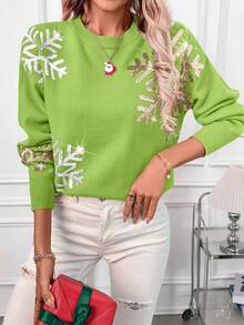 SHEIN LUNE 女士情人节亮片拼布圆领长袖毛衣 - 薄荷綠 - 查看 4