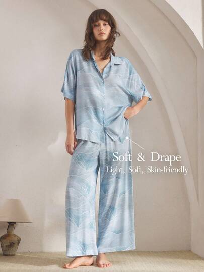 Ocili Leisure Comfy Striped Print Lapel Short Sleeve Top & Pants Women Pajama Set, Chic Autumn Slumber, Fall Winter Clothes Light Blue Pj Set