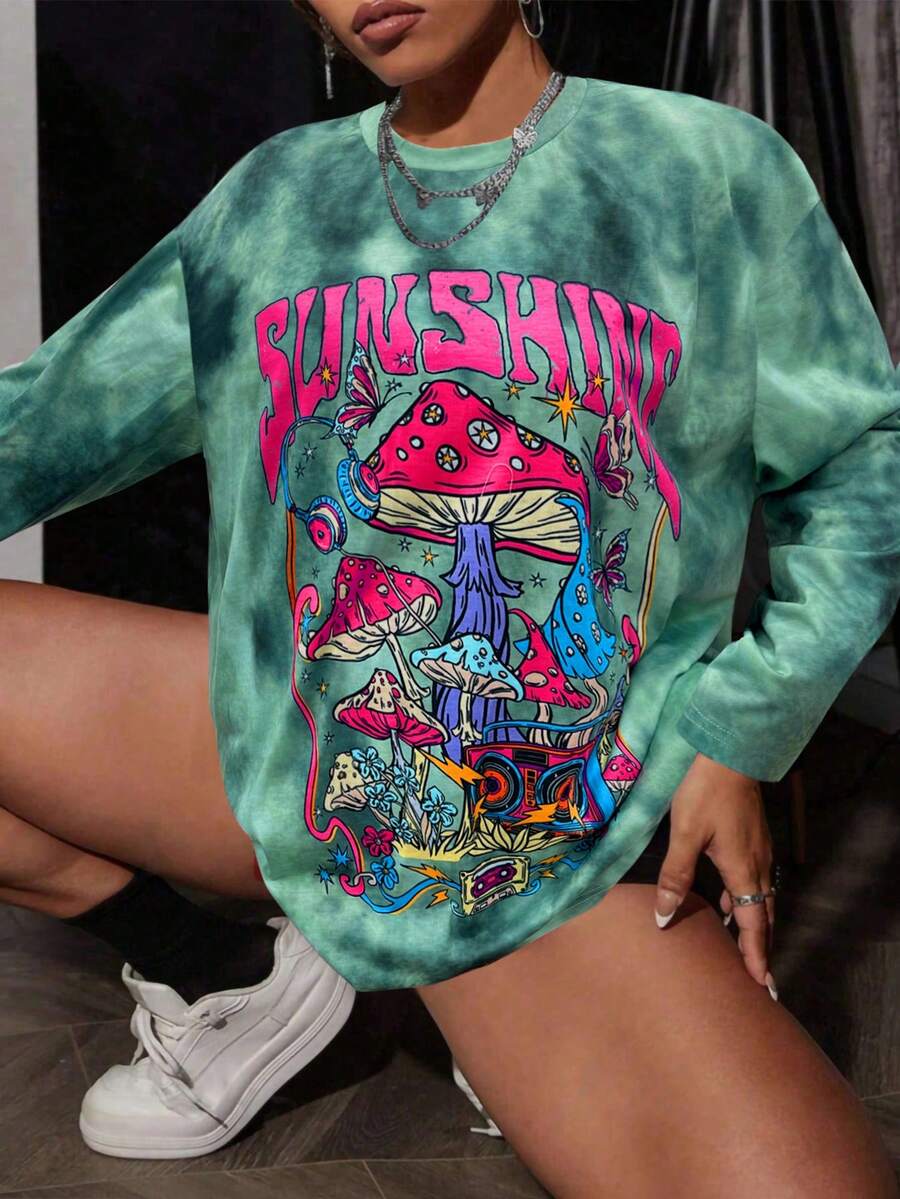 Flirla Plus Size Letter & Graphic Print Round Neck Casual Long Sleeve T-Shirt Graphic Tees Women Tops For Spring Vacation - Multicolor - View 1