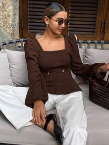 DAZY Top babydoll décontracté à manches longues pour femmes, col carré, taille cintrée, en tissu texturé - Marron - Voir 6