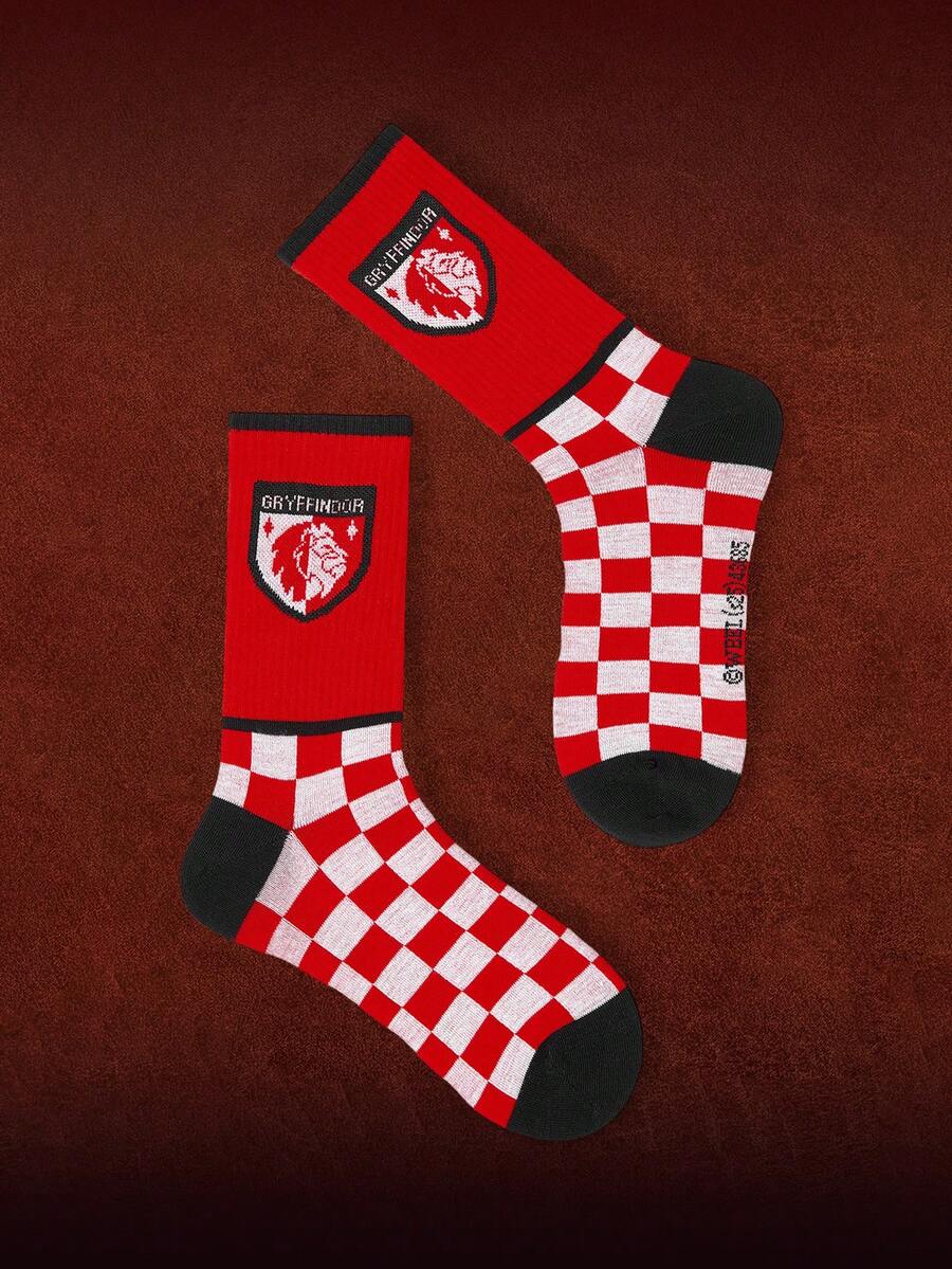 HARRY POTTER X SHEIN 1 Pair Women's Comfortable Plaid & Lion Pattern Crew Socks
