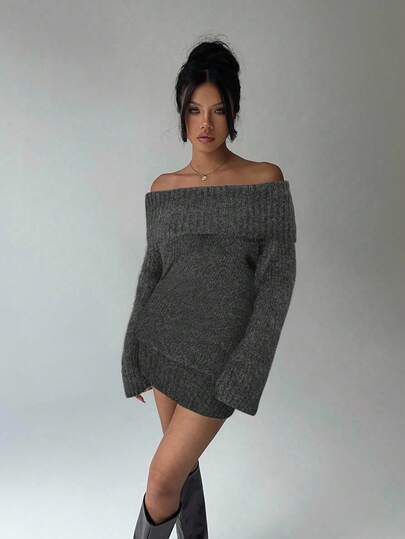 Aloruh Grey Off Shoulder Turtleneck Long Sleeve Mini Dress, Loose Top Tight Bottom, Suitable For Young Ladies, Autumn/Winter