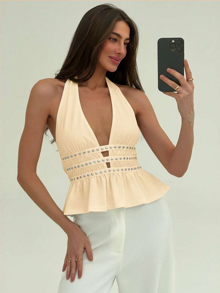 Aloruh Women's Solid Color Deep V Rivet Design Ruched Sexy Halter Top - Beige - View 1
