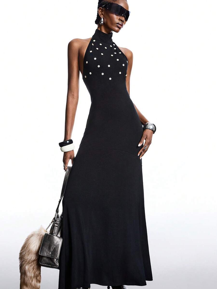 LYSMO 2025 New Arrive Minimalism Winter  Women's Solid Color Button Design Backless Dress,Party Clothing - Black - View 1