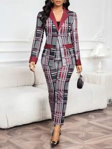 SHEIN Lady 女士优雅格子长袖外套和裤子套装，圣诞节、新年、情人节服装，女士格子两件套，女士套装 - 紅色 - 查看 6