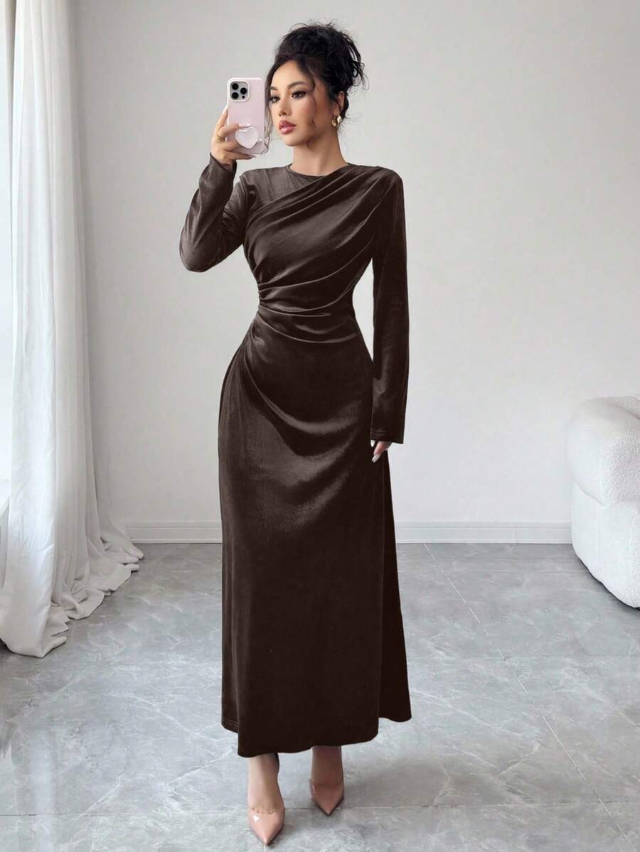 Modelyn French Design Waist Cinching Slimming Women Dress - Brown - View 1