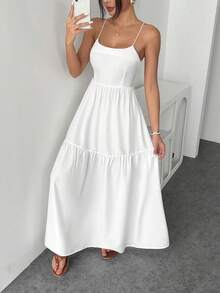 INAWLY Women's Solid Color Spaghetti Strap Criss-Cross Back Ruched Casual Dress - White - View 9