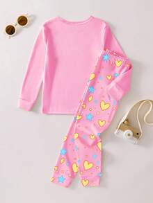 2pcs/Set Tween Girls Pajamas, New Autumn Glow-In-The-Dark Cute Unicorn Print Pink Knit Long Sleeve Top Paired With All-Over Heart & Star Print Leggings, Skin-Friendly & Comfortable Tight Fit Pajama Set, Great New Year Gift - Pink - View 2