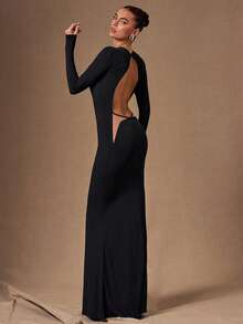 SHEIN BAE 黑色长袖露背性感镂空系带优雅美人鱼长裙，适合鸡尾酒会、浪漫约会、聚会、正式活动、伴娘礼服、夜生活、万圣节、圣诞节等场合，酒红色迷你裙，露背连衣裙，黑色迷你裙 - 黑色 - 查看 6