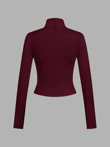 SHEIN EZwear 3件套休闲简约白色、黑色、酒红色针织拉链长袖T恤，女士款，适合春秋季穿着 - 彩色 - 查看 6