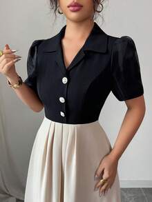 SHEIN Unity V-Neck Patchwork Color Block Cinched Waist Casual Dress - Black - View 6