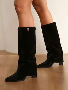 Daringsoles Casual & Commute Minimalist Pointed Toe Women Knee-High Boots For Christmas - Black - View 2
