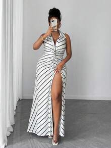 SHEIN PETITE CURVE 大码女式休闲条纹针织扭结设计连衣裙 - 白色 - 查看 5