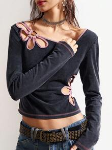 Bohemela Boho Autumn/Winter Outerwear, Vintage Casual Women's Floral Hollow Design Washed Black And Pink Long Sleeve Cropped Top, Western Country Style Concert Party, Suitable For Beach Vacation & Daily Wear & Back To School & Going Out & Party, Christmas, New Year,Black Top - Black - View 3