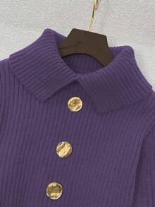 GlowEve 女士时尚翻领金属纽扣灯笼袖毛衣，百搭 - 紫羅蘭色 - 查看 3
