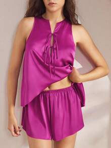 Ocili 缎面舒适垂坠系带无袖女式睡衣套装 - 玫紅色 - 查看 8