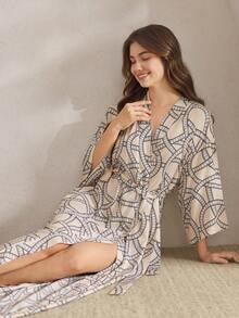 Ocili 休闲舒适简约链条印花棉混纺中袖系带睡袍，女士睡袍，时尚秋冬款 - 卡其色 - 查看 5