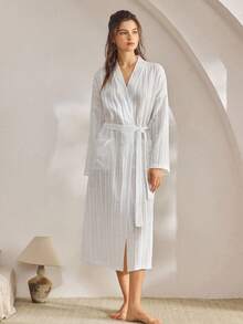 Ocili 女士宽松落肩长袖休闲睡袍，适合秋冬季节，舒适保暖 - 白色 - 查看 4