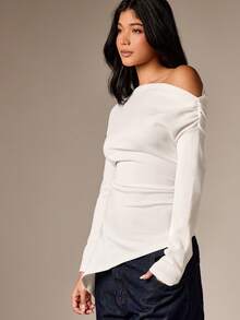 AiiRZ Off Shoulder Peplum Topp Långärmad Asymmetrisk Rynkad Bodycon Blus Höst Vintermode