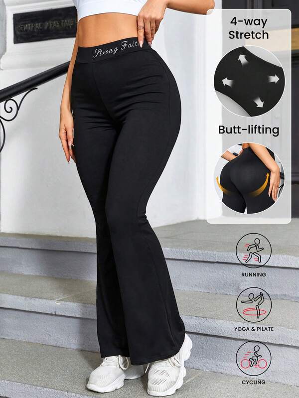 Easify SHEIN Sport Pantalones de yoga para mujer con pierna acampanada y gráfico de letras, cintura alta, pantalones de yoga de pierna ancha, pantalones de trabajo elásticos para entrenamiento, atletismo, running, ciclismo, yoga, pickleball, ejercicio y uso casual