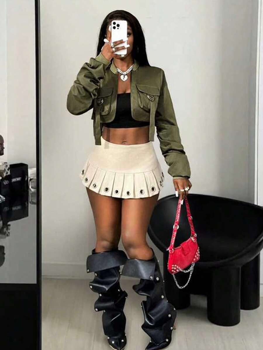 BamGleam Áo khoác lửng tay dài gợi cảm thường ngày cho nữ, Thu/Đông - xanh quân đội - Xem 1