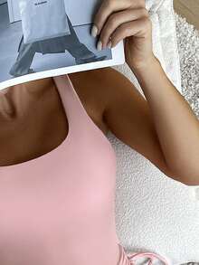 SHEIN Swim 1 pièce Maillot de bain tankini femme de couleur unie avec cordon de serrage sur le côté - Rose pâle - Voir 3