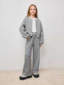 Tween Girls' Casual Contrast Stitching Sweatshirt Jacket And Pants Set - Grey - View 3