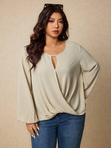 Elaquor Plus Size Women's Solid Color Keyhole Neck Lantern Sleeve Loose Blouse - Apricot - View 1