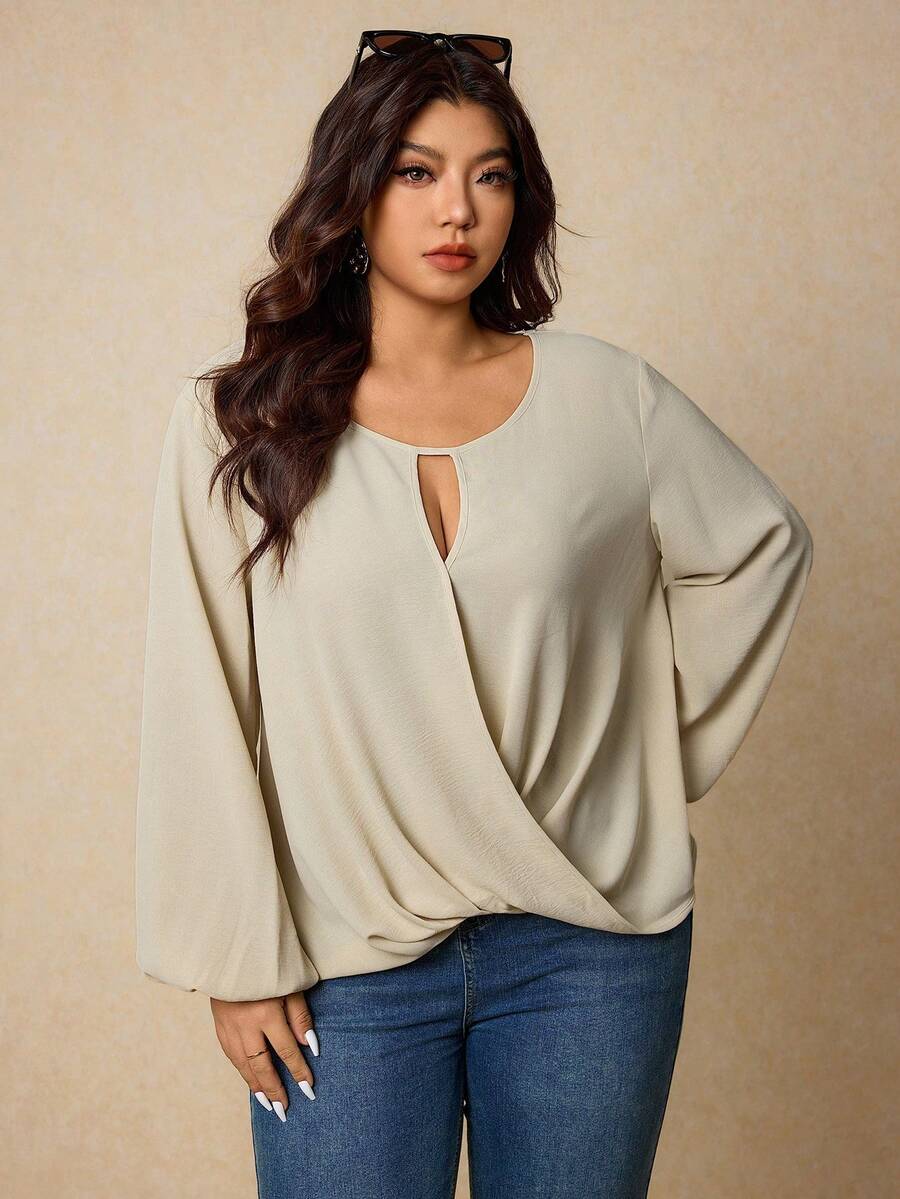 Elaquor Plus Size Women's Solid Color Keyhole Neck Lantern Sleeve Loose Blouse - Apricot - View 1