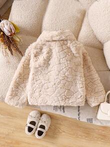 SHEIN Elladie kids 女童象牙色仿毛领长袖外套，时尚、保暖、百搭、舒适冬季儿童短外套 - 杏色 - 查看 2