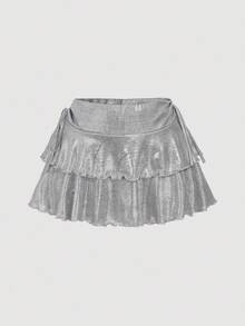 SHEIN MOD Women's Metallic Foil Accent Double Layered Hem Low Waist Skirt - Silver - View 4