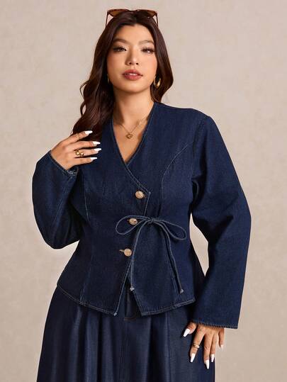 Elaquor Plus-Size Elegant Denim Jacket, Slimming V-Neck Long-Sleeved Waist-Cinching Coat, French Elegant Women's Clothing, New Winter Style.Beautiful New Year Gift