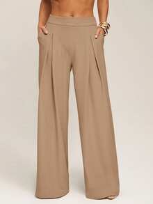 Silquee 女士纯色长裤，时尚夏季阔腿裤，女士阔腿裤，女士正装裤，商务休闲女裤，秋冬季女士长裤 - 卡其色 - 查看 1